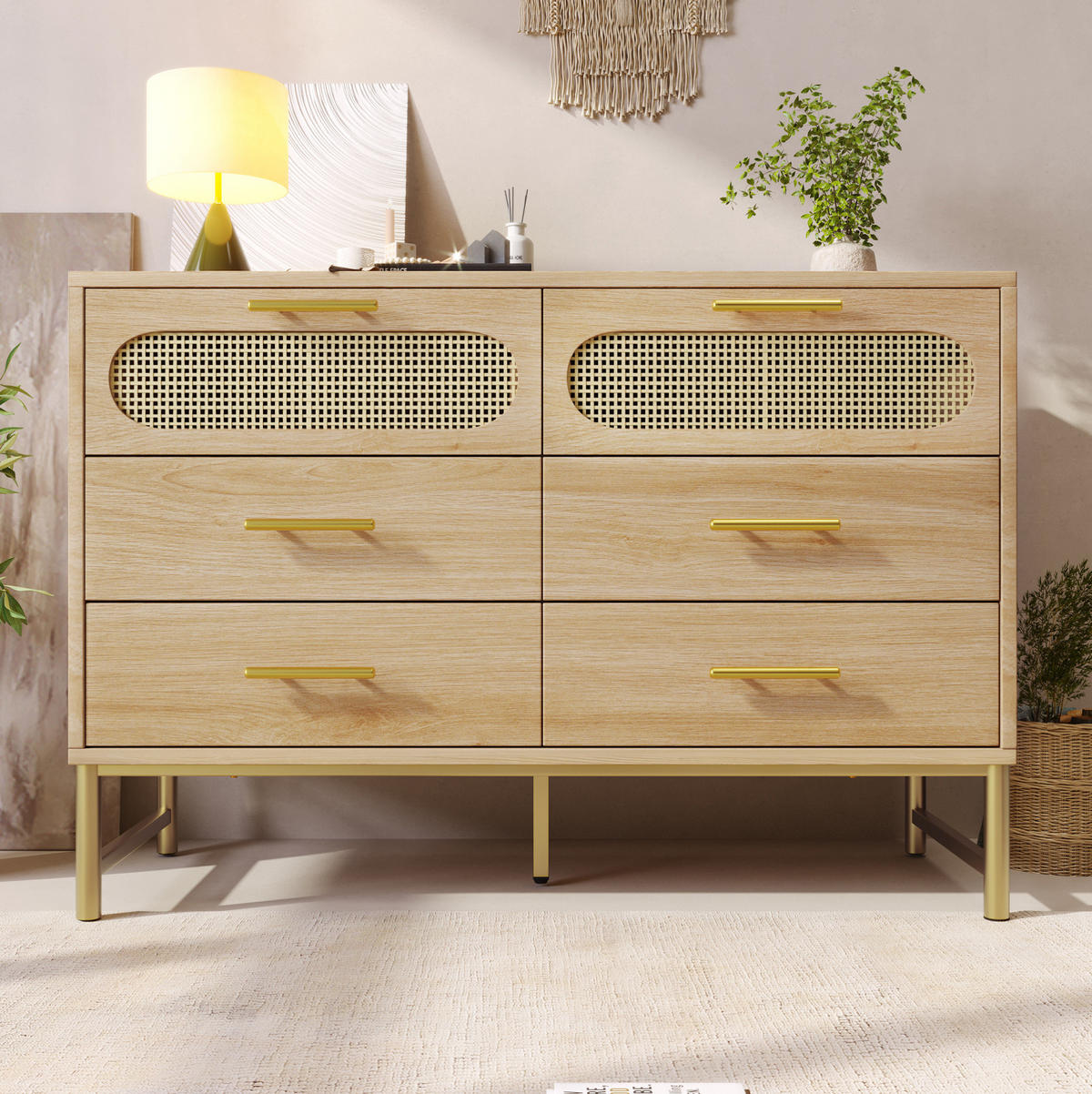 KOMMODE aus Spanplatte und Metall 40x120x74 cm Sonoma Eiche mit 6 Schubladen, Rattanoptik und Kippsicherung - Eichefarben, Metall (120/74/40cm) - Modfu