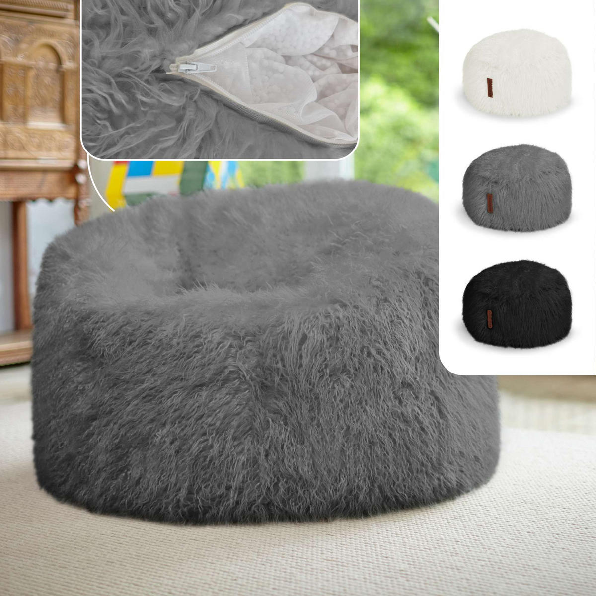 FELL SITZSACK-Hocker Pouf XXL 100x55cm - Grau, Textil (100/55/55cm) - Green Bean
