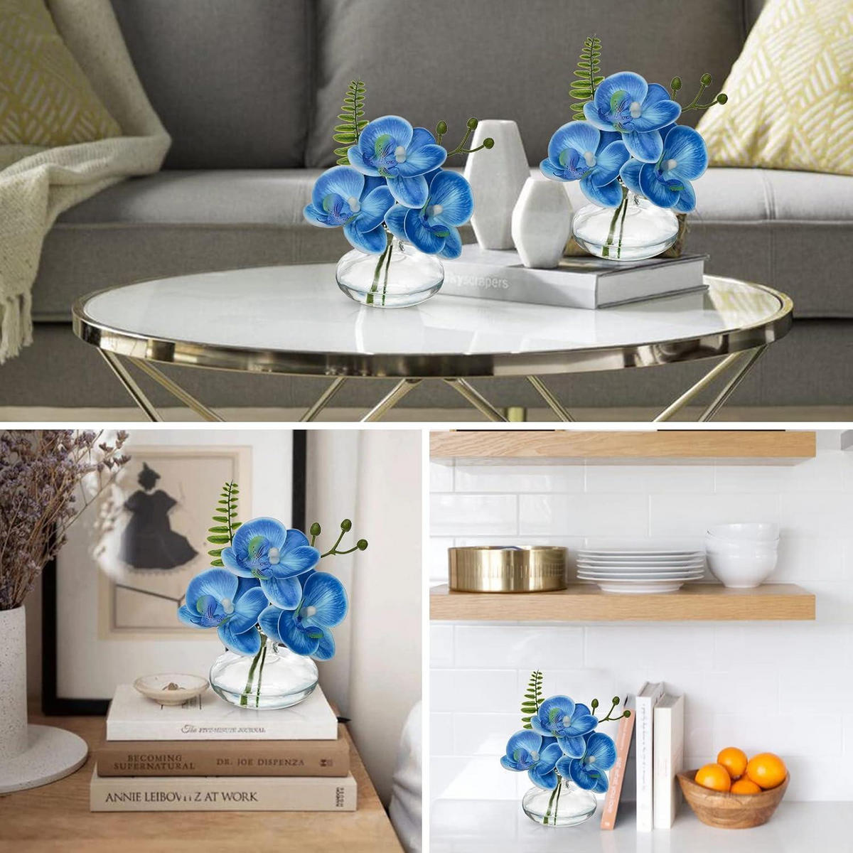 KUNSTBLUMEN 3er Set Phalaenopsis blau mit Glasvase - Blau, Kunststoff (12cm)