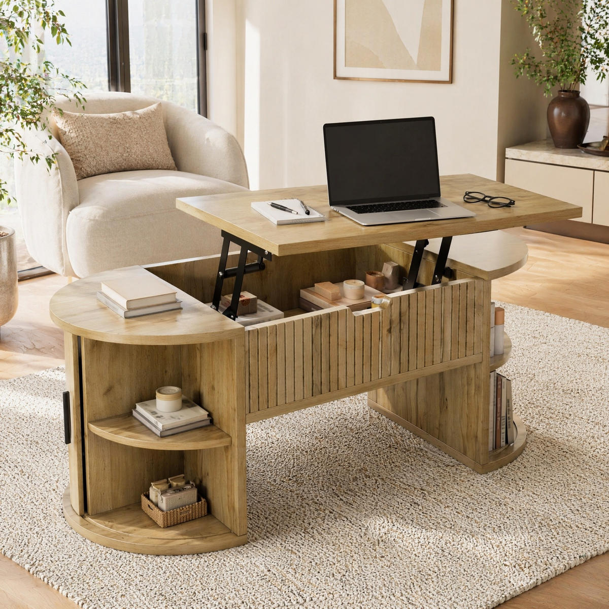 COUCHTISCH in Eichefarben höhenverstellbarer mit offenen Regalen und Stauraum für Wohnzimmer, B100/T50/H40.5cm - Eichefarben, Holzwerkstoff/Metall (50/100/40.5cm) - STILVORA
