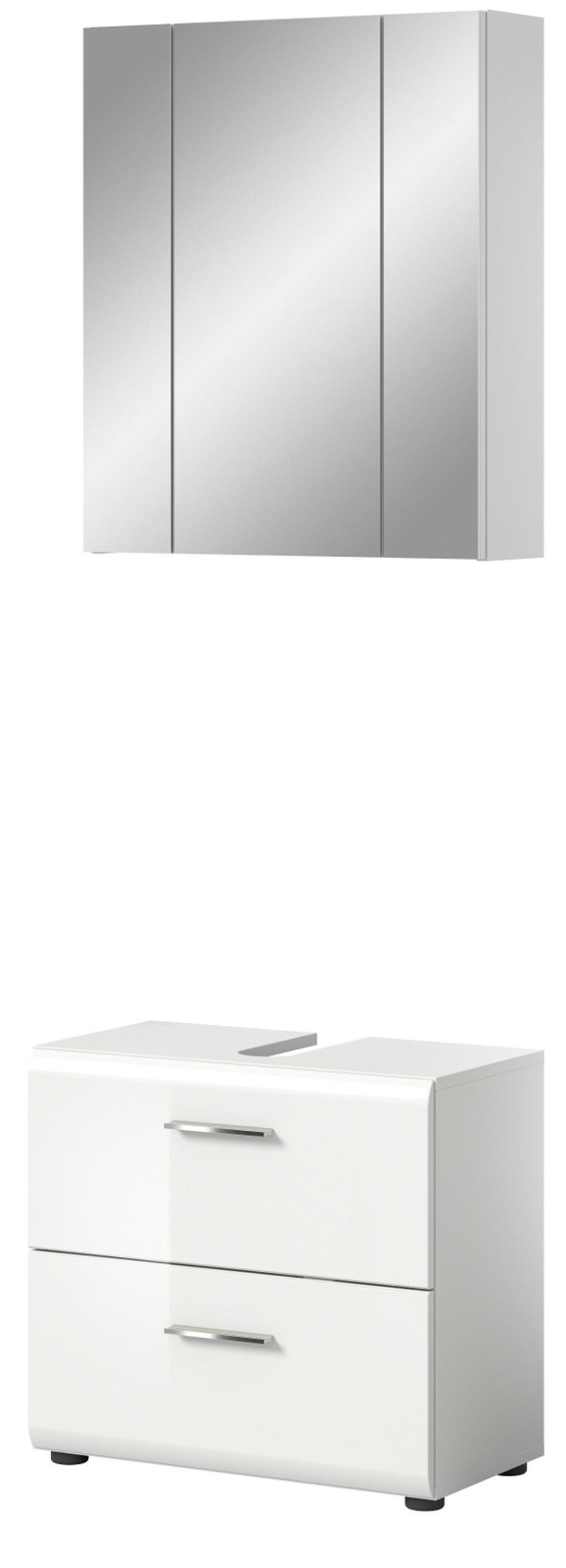 BADMÖBEL-SET weiß Hochglanz, Badkombination 2-teilig 60 cm - Weiß Hochglanz/Silberfarben, Glas/Holzwerkstoff (60/185/30cm) - Inn.Furn