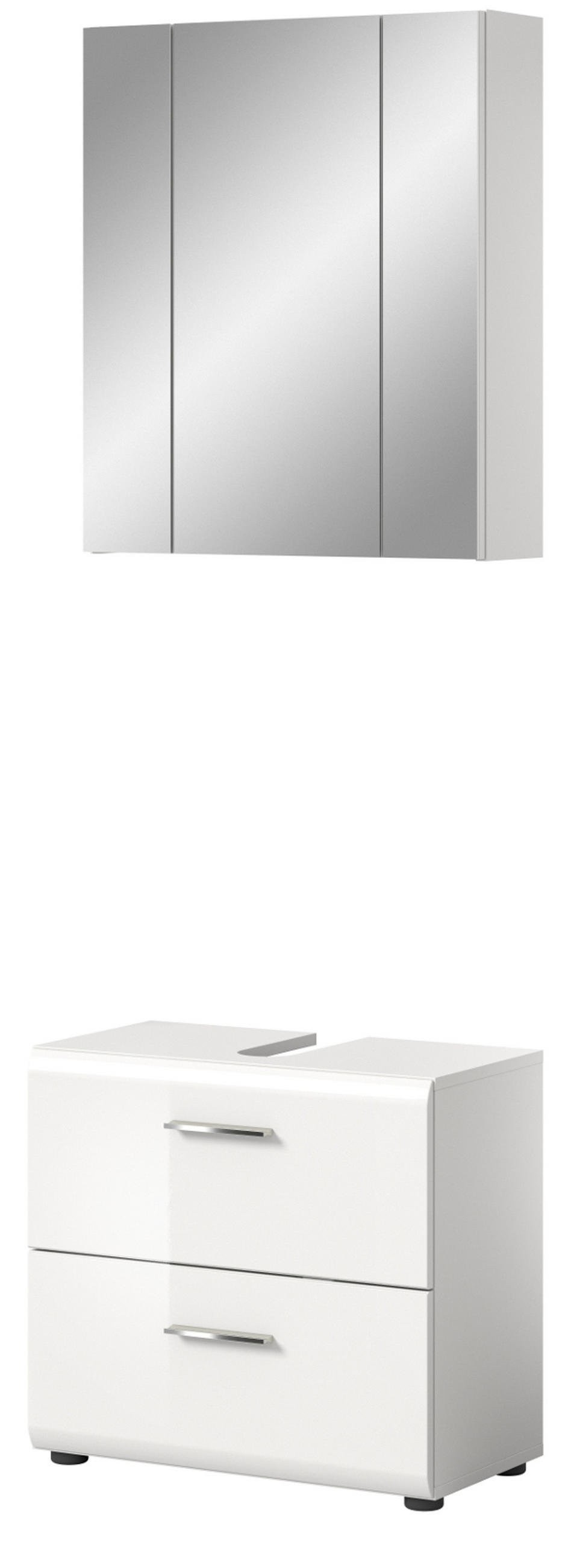 BADMÖBEL-SET weiß Hochglanz, Badkombination 2-teilig 60 cm - Weiß Hochglanz/Silberfarben, Glas/Holzwerkstoff (60/185/30cm) - Inn.Furn