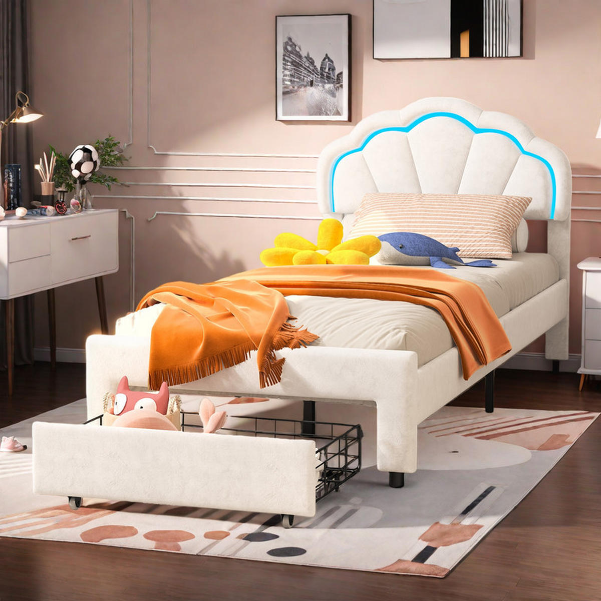 KINDERBETT 90x200cm, Samt, Weiß, Mädchenbett, mit LED-Lichtleiste und Schubladen, Blütenförmiges, ohne Matratze - Weiß, Holz (90/200cm) - WoodenAura