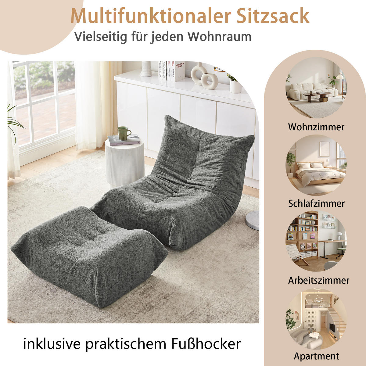 LAZY SOFA Teddyfell Optik mit Hocker weich & ergonomisch - Grau, Textil (100/70/90cm) - Urban Meuble