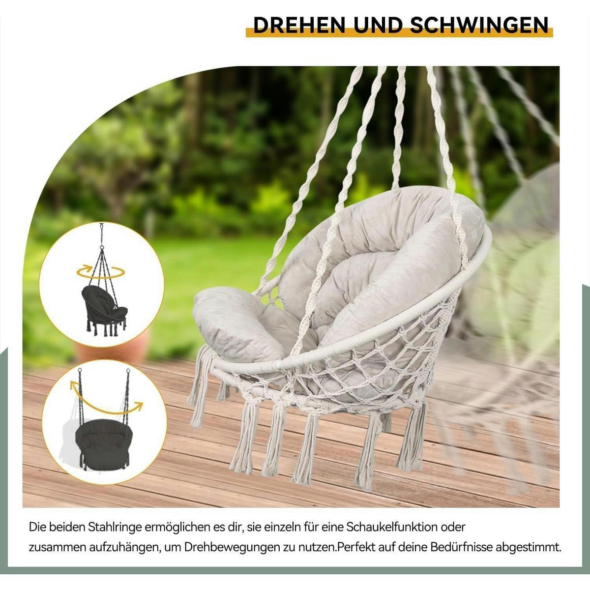 HÄNGESESSEL Makramee Beige mit Kissen bis 150 kg - Beige, Textil (80/1.5/140cm)