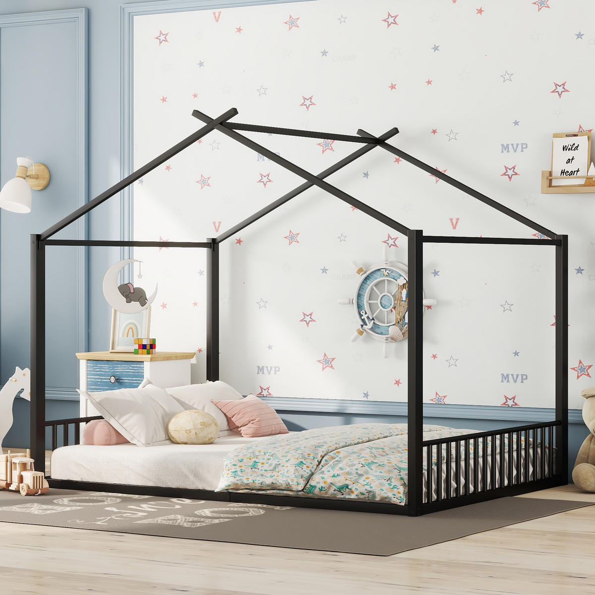 KINDERBETT 140/200 cm in Hausform aus Metall – Schwarz - Schwarz, Metall (140/200cm) - BEAOK