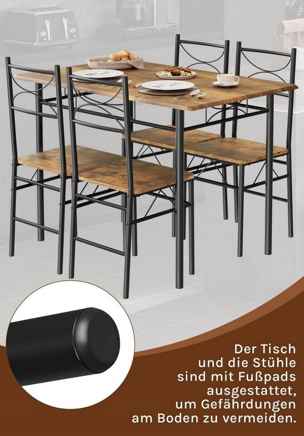 TISCHGRUPPE Esstisch mit 4 Stühlen, MDF, Vintagebraun - Dunkelbraun/Schwarz, Holzwerkstoff/Metall (110/76/70cm) - Woltu
