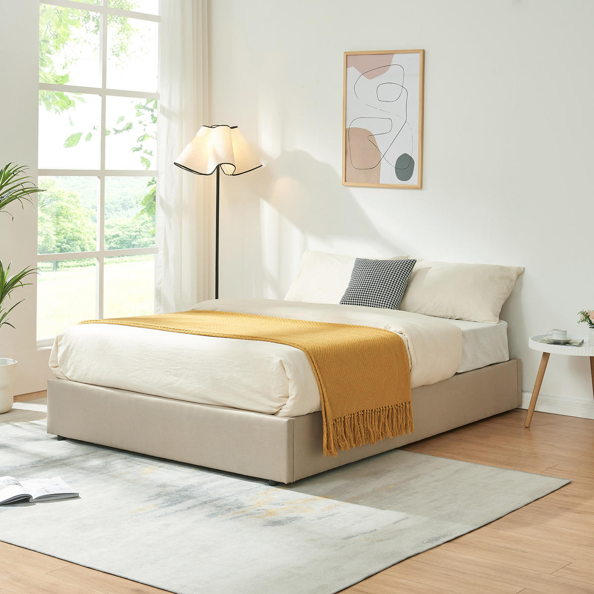 ČALOUNĚNÁ POSTEL Nola - béžová, kompozitní dřevo/textil (140/200cm) - [en.casa]