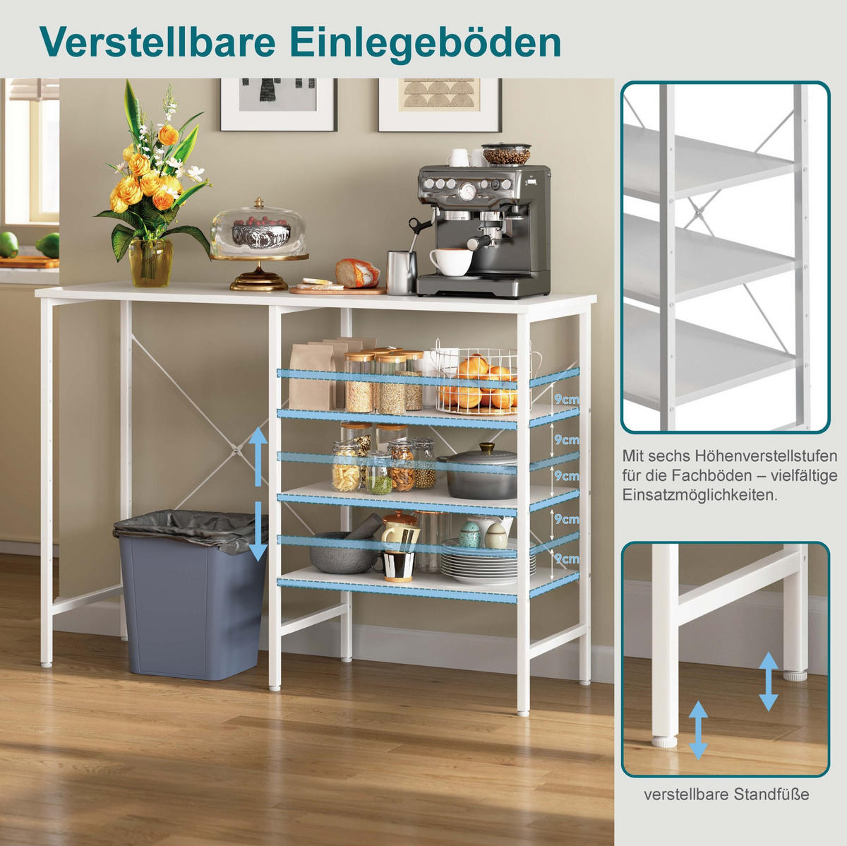 BEISTELLTISCH aus MDF und Metall 120x40x85,5 cm Weiß mit flexibel montierbaren Regalen und höhenverstellbaren Füßen - Weiß, Holzwerkstoff (40/120/85cm) - Modfu