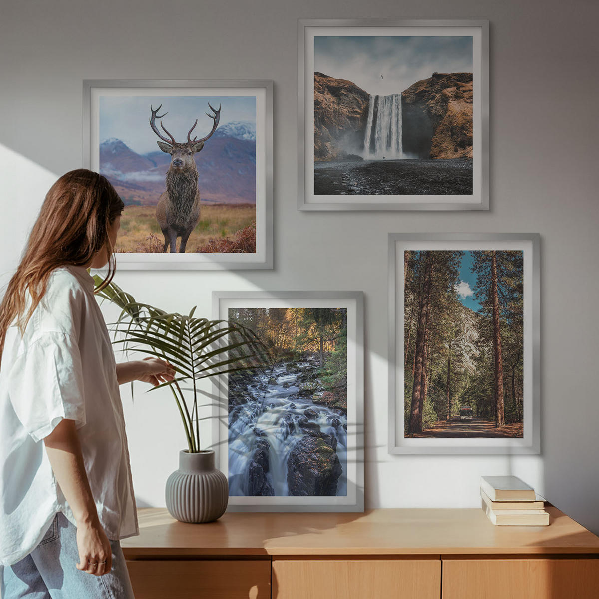 BILDER SET 4er Set - 50x50 cm & 40x60 cm Silberner Rahmen - Wasserfall Wald Berge Hirsch Natur - Silberfarben, Kunststoff (50/50cm) - TULUP