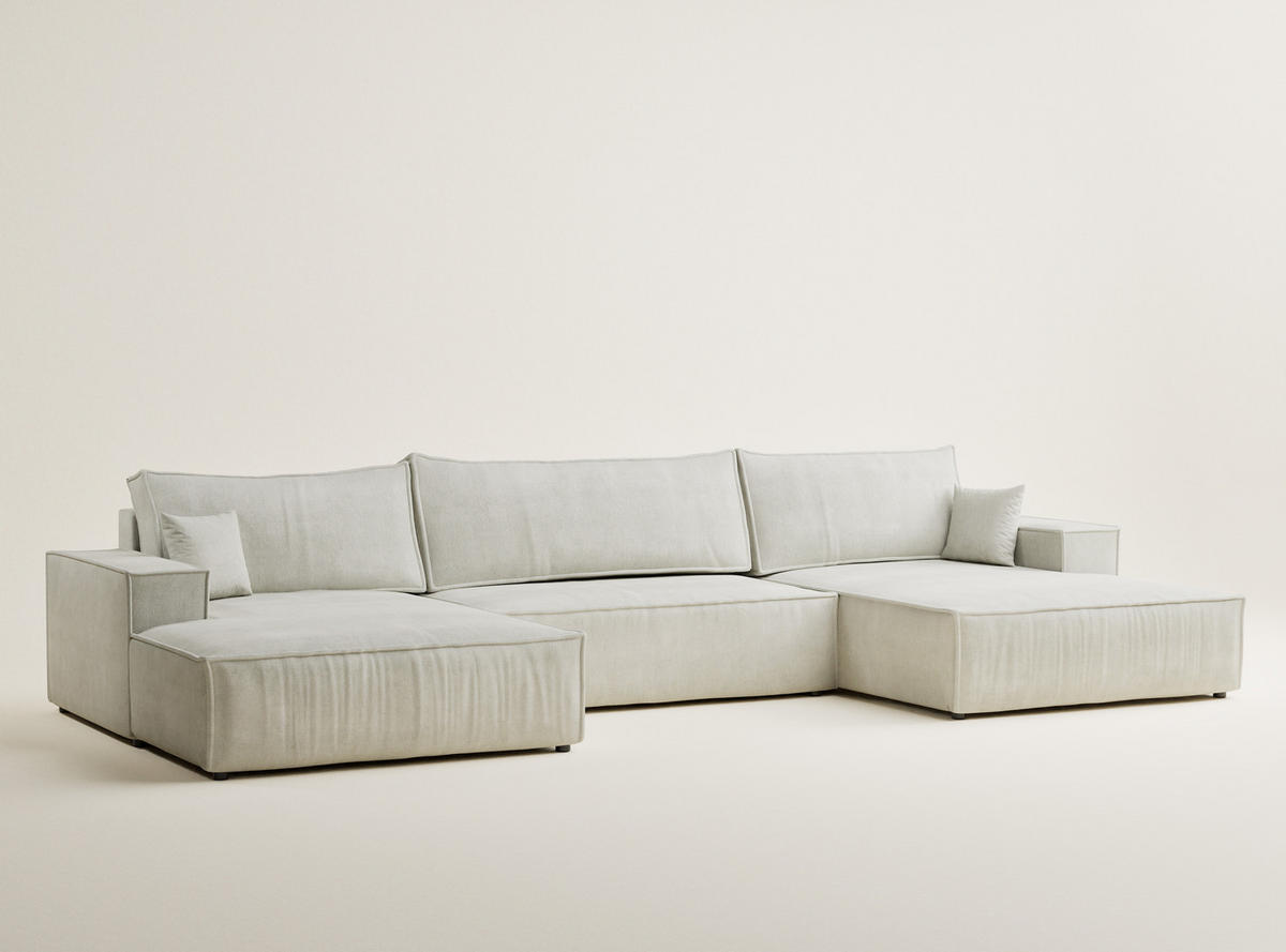 WOHNLANDSCHAFT Kyoto Creme Webstoff - Creme/Schwarz, Holz/Holzwerkstoff (398/70/148cm) - Maison de Reve