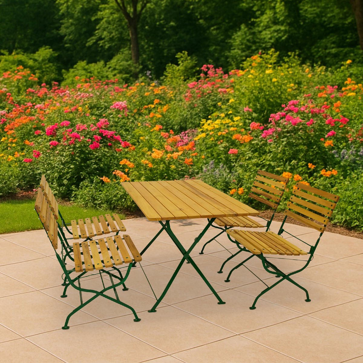 SITZGRUPPE Hobart Light - Garten-Garnitur 5-teilig, Flachstahl Robinienholz - Gestell verzinkt dunkelgrün - Grün, Holz - TPFGarden