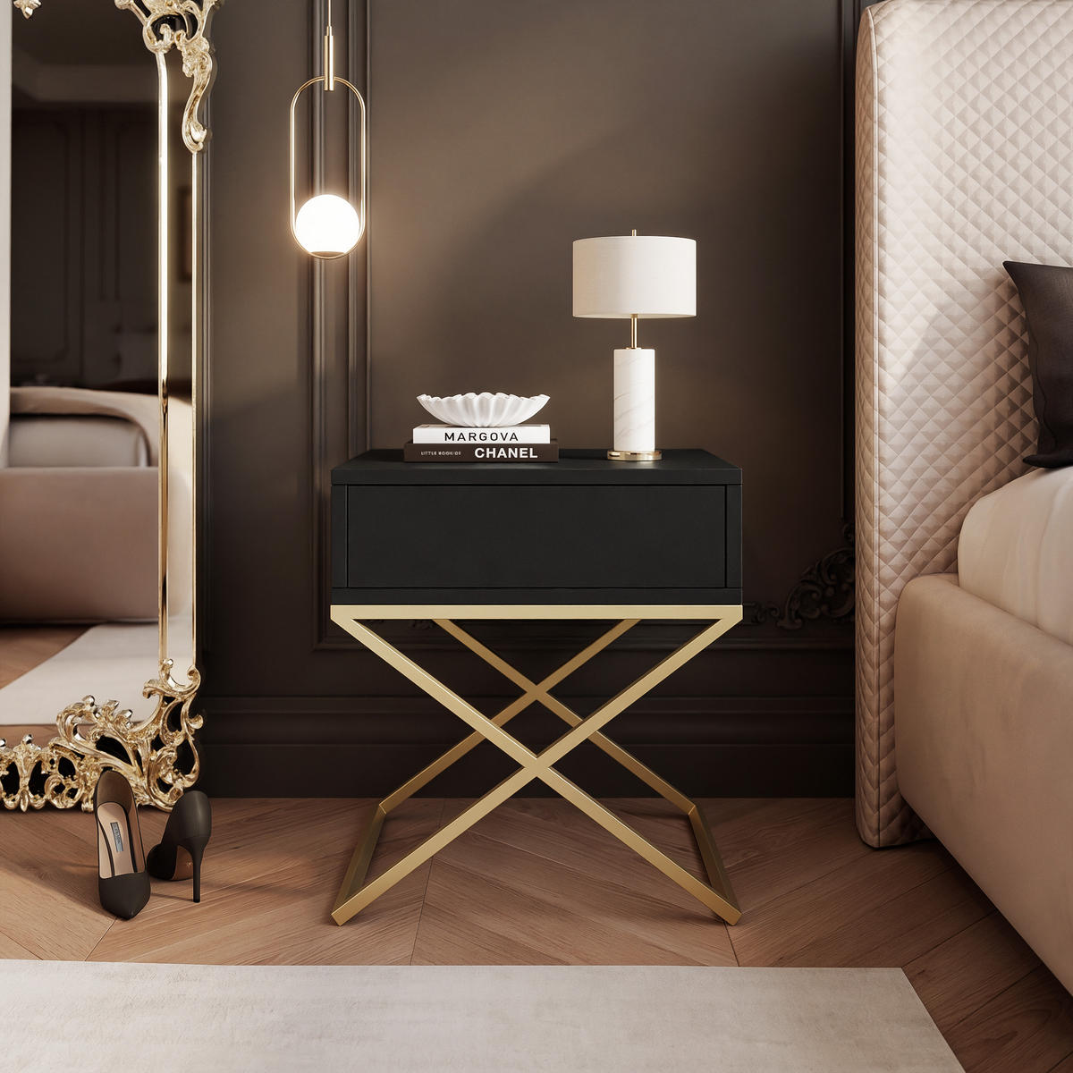 NACHTSCHRANK KSENO mit Schublade, 45/35/50 cm, Goldfarben / Schwarz - Goldfarben/Schwarz, Holzwerkstoff/Metall (45/50/35cm) - Idohome