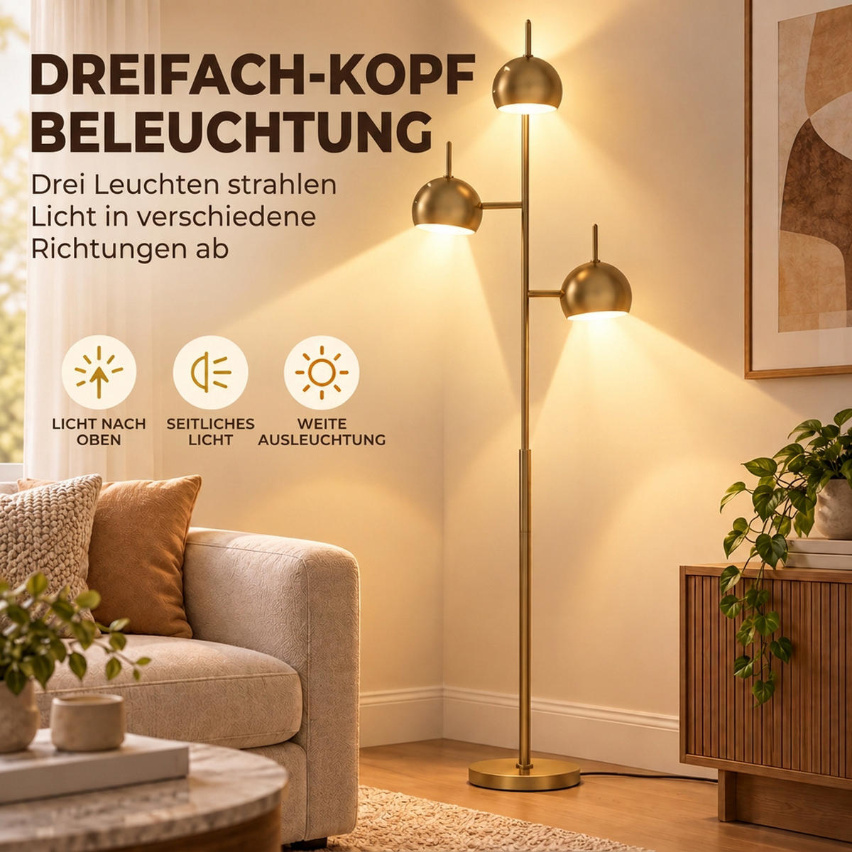 STEHLAMPE Stahl Gold - Goldfarben, Metall (23/23/165cm) - HOMCOM