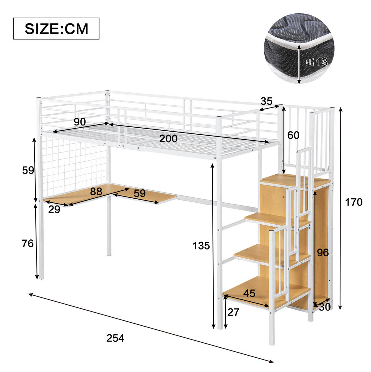 HOCHBETT 90/200 cm Weiß/Natur aus Eisen und Spanplatte mit Kleiderschrank und Tisch - Weiß, Holzwerkstoff (90/200cm) - OKMYHOME