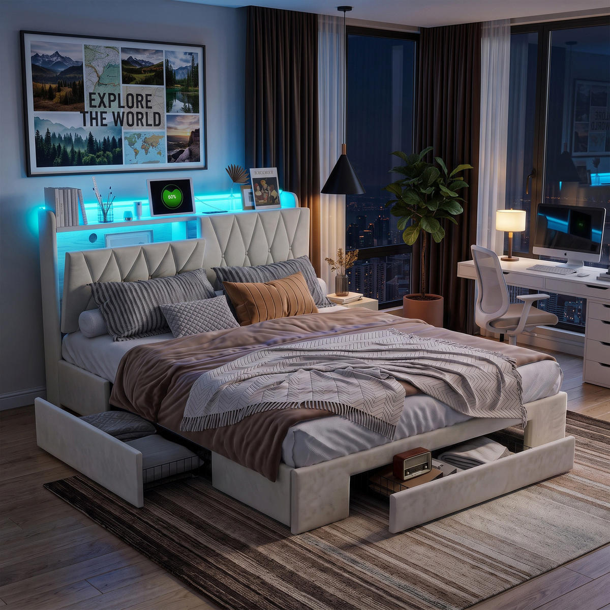 POLSTERBETT 160x200 cm mit 3 Schubladen, bett 160x200 mit USB und LED, Stauraum, Lattenrost, Samt, Beige - Beige, Holz/Textil (160/200cm) - GENKI LIVING