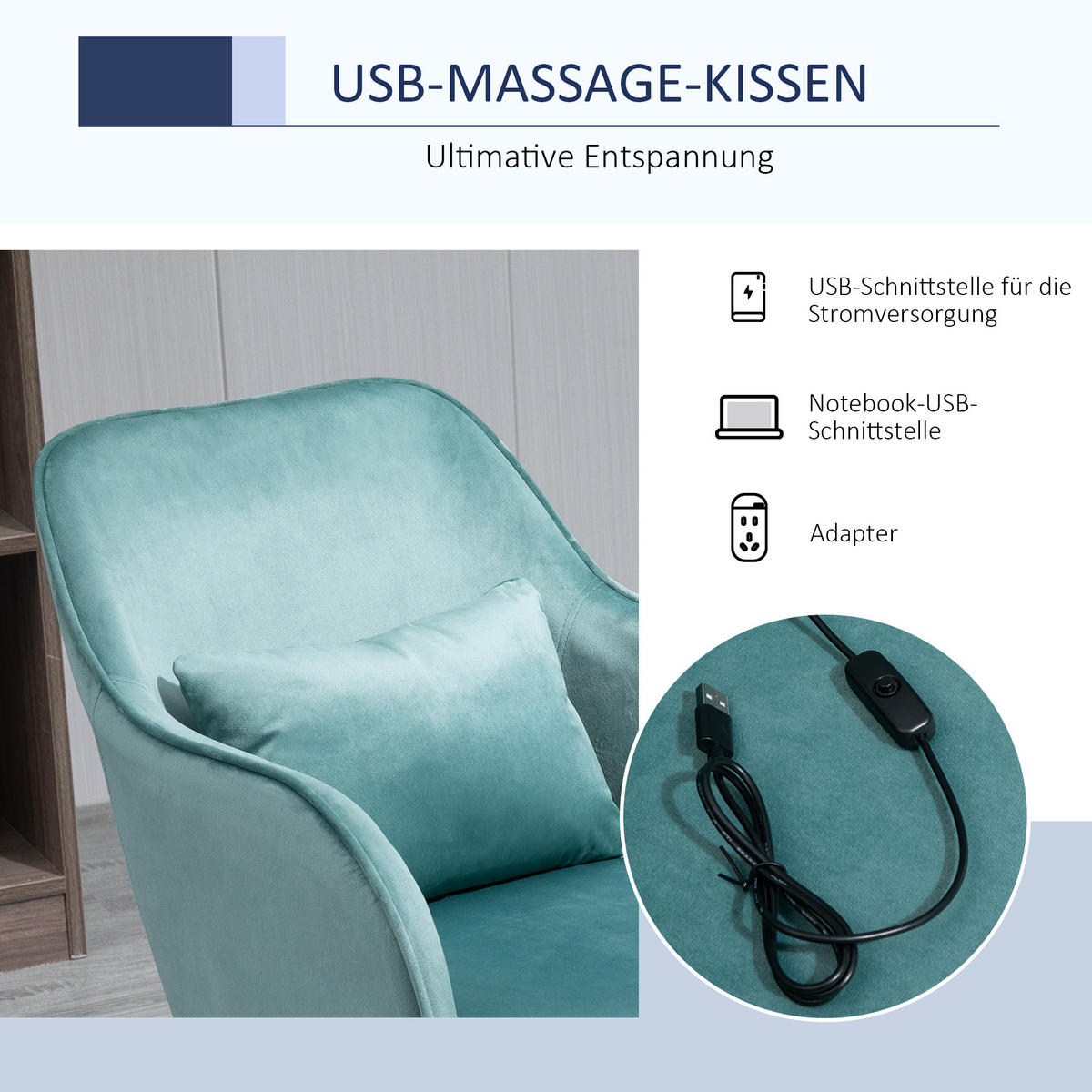 MASSAGE Bürostuhl Drehstuhl Arbeitstuhl mit Vibrationsfunktion Samt Grün - Grün, Textil (70/86/57cm) - Vinsetto