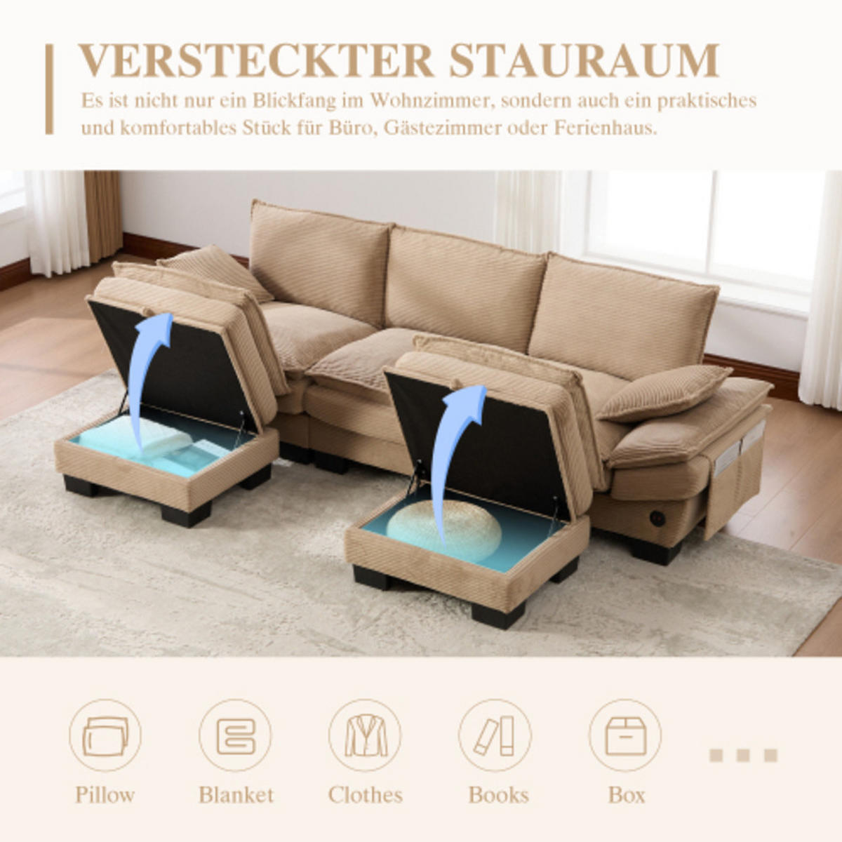 3-SITZER Sofa aus Corduroy 260x132x84 cm mit 2 Hockern & USB-C, beige - Beige, Textil (132/84/260cm) - Luhomfu