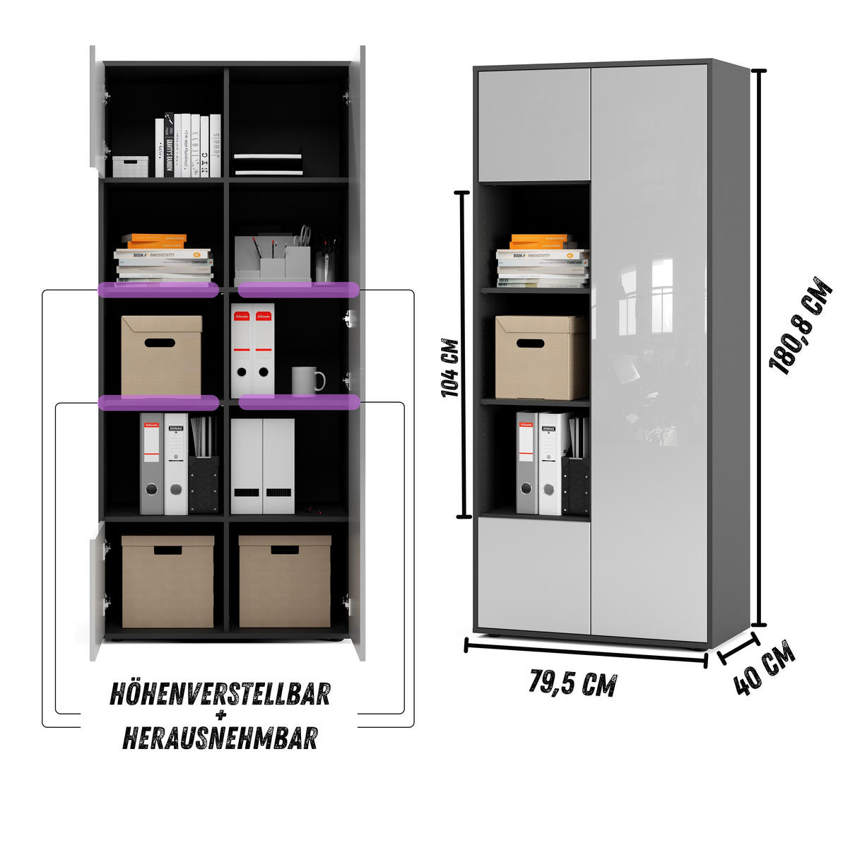 AKTENSCHRANK Amira T30 Weiß Hochglanz 180/80/40 cm - Weiß Hochglanz, Holzwerkstoff (80/180/40cm) - SIMPLYFURN
