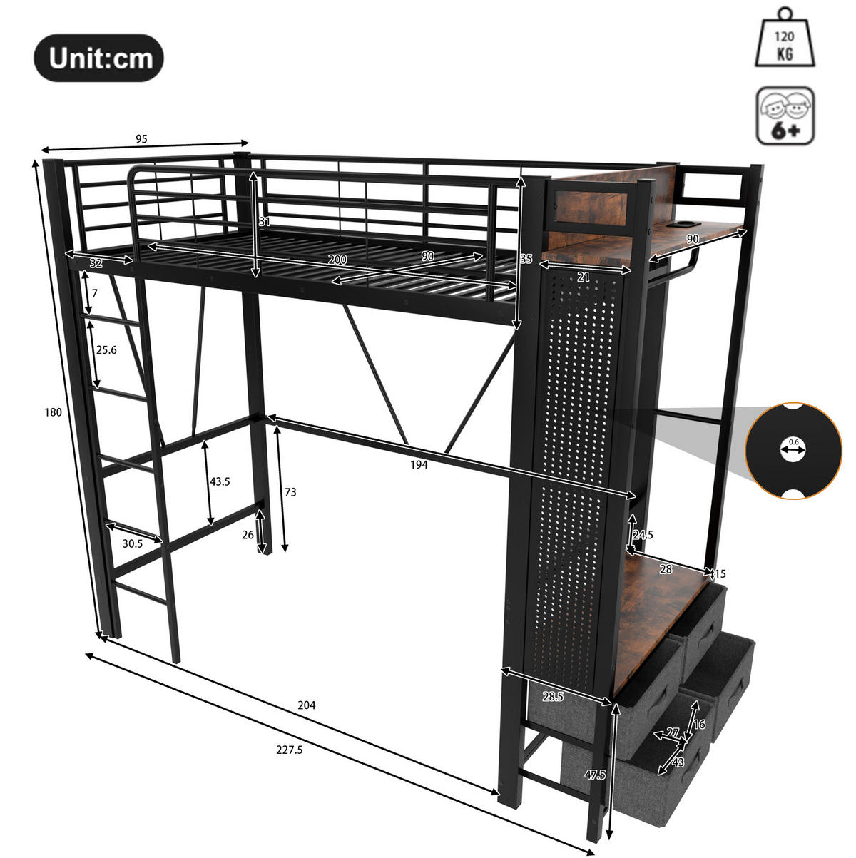 HOCHBETT 90/200 cm in Schwarz – mit Stauraum, LED und USB/Type-C - Schwarz, Metall (90/200cm) - BEAOK
