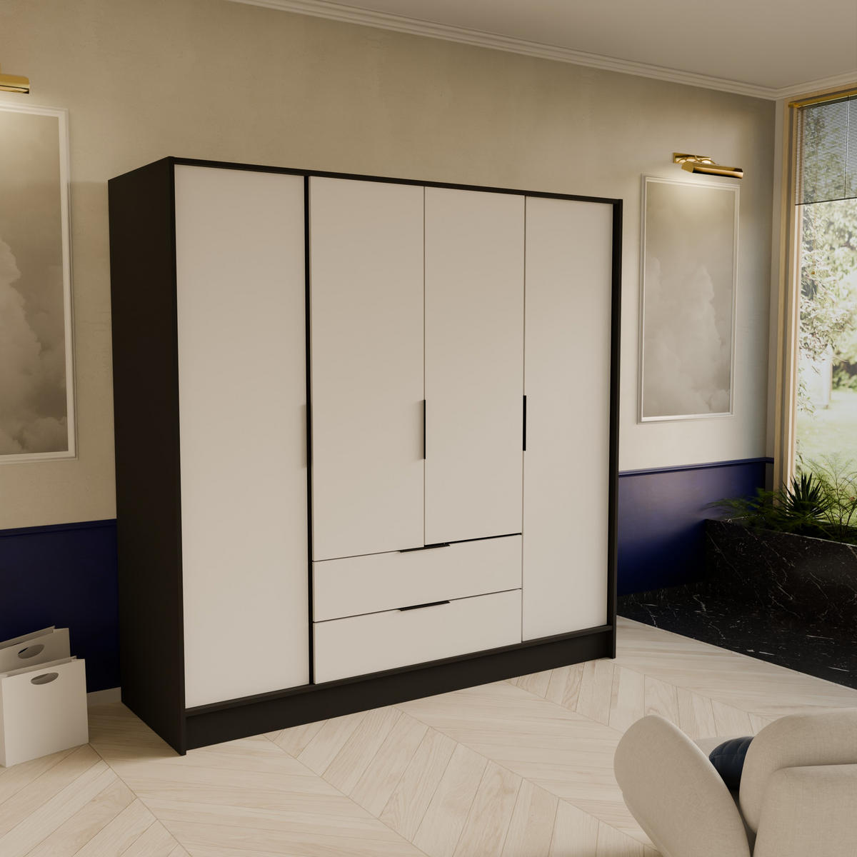 DREHTÜRENSCHRANK CAVA 200/200/51 cm Modern Kleiderschrank 4-türig Schwarz - Schwarz/Weiß, Holzwerkstoff (200/200/51cm) - MASSENO