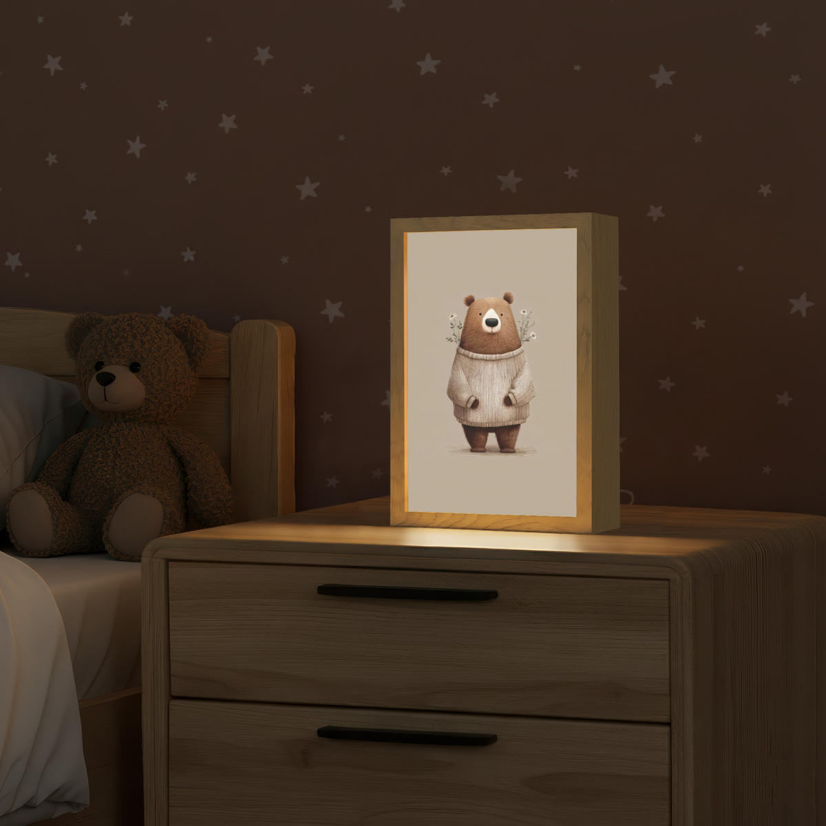 NACHTTISCHLAMPE Bär - Weiße Blumen - Gemütlich 20x30 cm - Taupe, Holzwerkstoff (8/20/30cm)