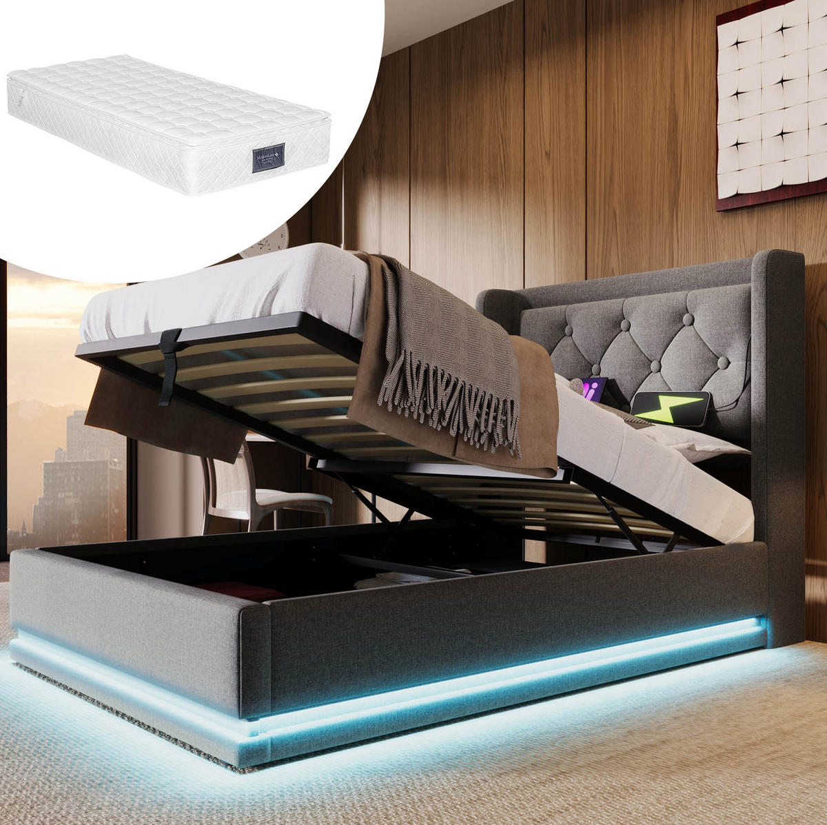BETT mit Stauraum, USB & LED 90x200 cm Baumwolle Grau inkl. Matratze - Grau, Metall (90/200cm) - Meubliv