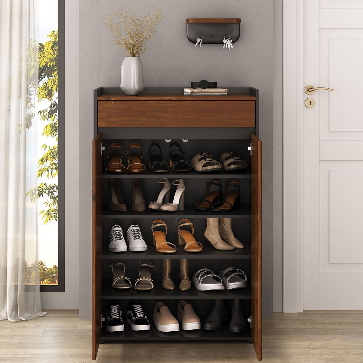 SCHUHSCHRANK TILO schwarz/Kastanie - Kastanienfarben/Schwarz, Holz (74/114/35cm) - IDIMEX