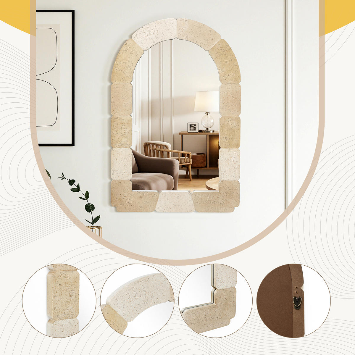 78CM H Bogenförmiger Wandspiegel, Geeignet für Wohnzimmer, Schlafzimmer, Badezimmer und Flur Boho-Stil MDF-Material - Beige/Hellgelb, Holz/Kunststoff (78/3/52cm) - Hometopia