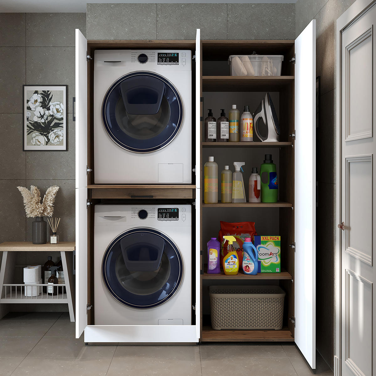 WASCHMASCHINENSCHRANK DORA-I 130cm Breit, 186cm Hoch - Eiche Bianco, Holzwerkstoff (130/186/73.8cm)