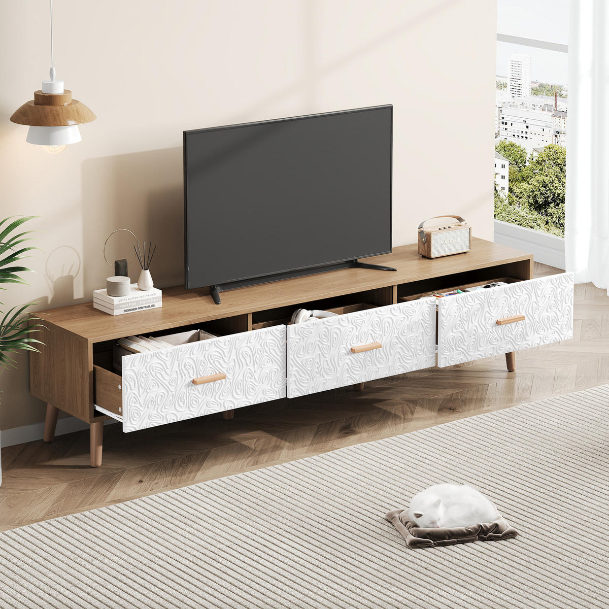 TV-SCHRANK mit 3 Schubladen 150 x 39 x 35 cm Weiß/Holz - Weiß, Holzwerkstoff (35/39/150cm) - Beauniv