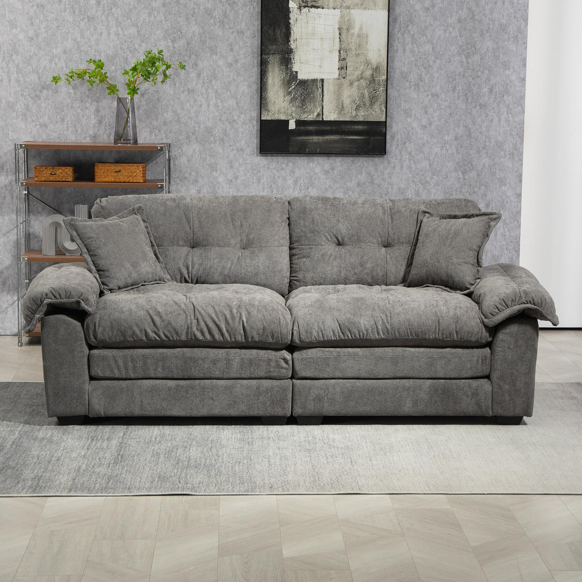 2-SITZER Sofa Chenille Polster mit tiefem Sitz, Doppelschichtkissen 213,4/90,1/87,6 cm Grau - Grau, Textil (90.1/87.6/213.4cm) - Redom