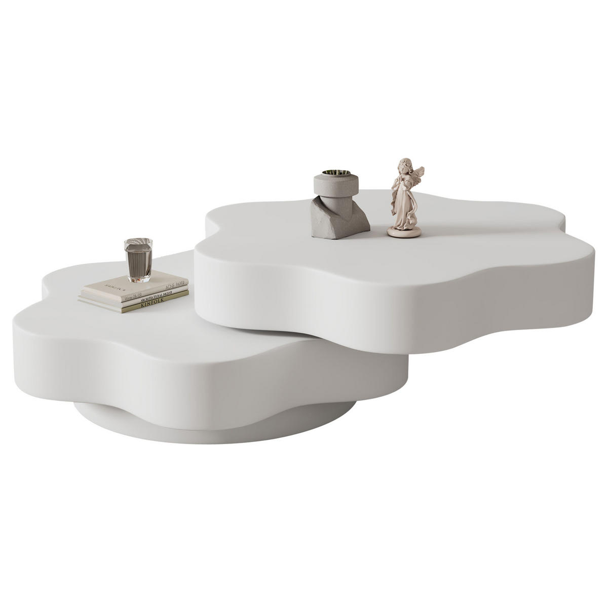COUCHTISCH aus MDF 74,8x67,5x31 cm Cremeweiß mit 360° drehbarer Platte und 2 Ablageflächen in Blumenform - Weiß, Holzwerkstoff (74.8/67.5/31cm) - Modfu