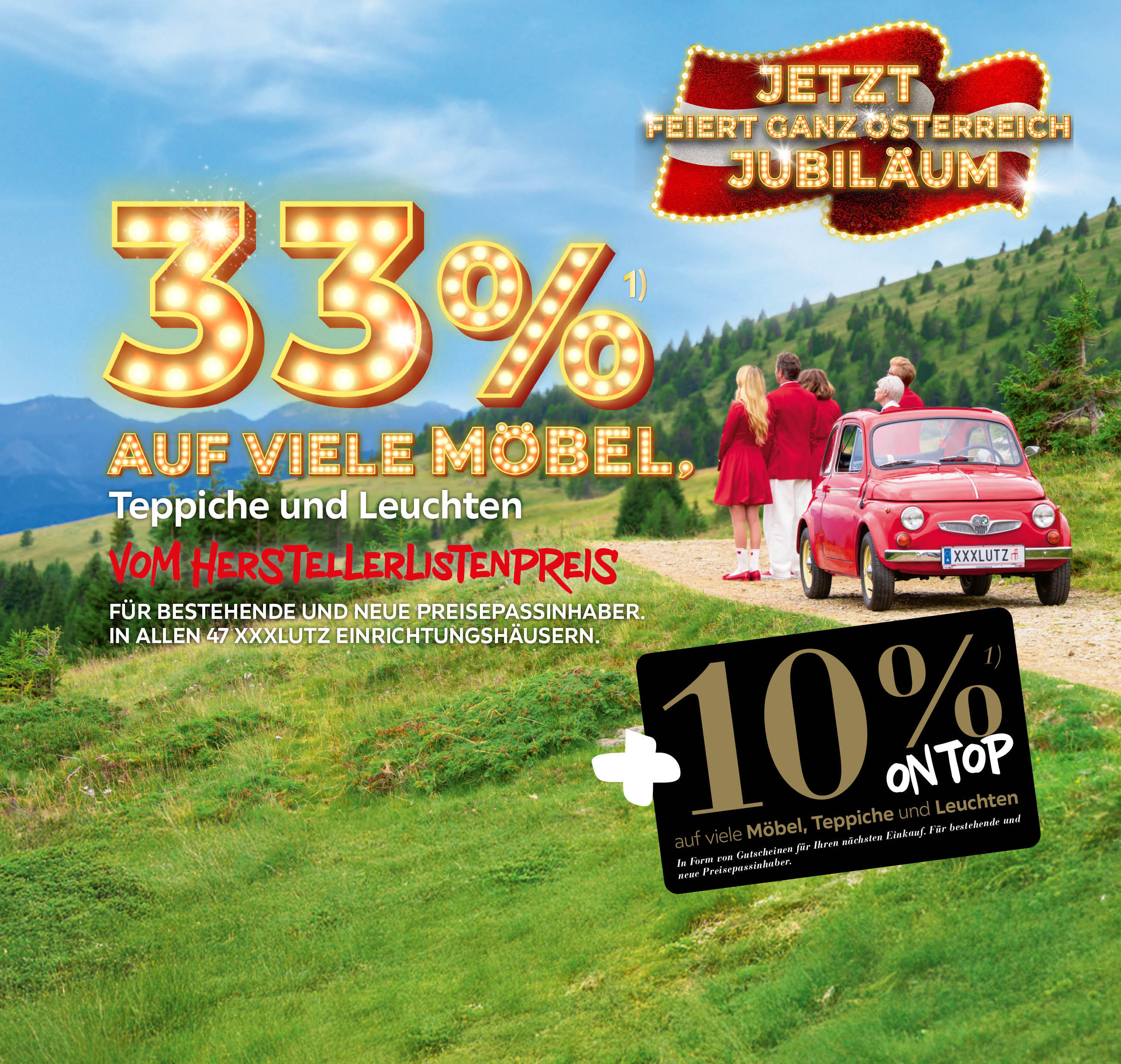 33 % auf viele Möbel, Teppiche und Leuchten vom Herstellerlistenpreis – für bestehende und neue Preisepassinhaber - 10% ON TOP auf viele Möbel, Teppiche und Leuchten. In Form von Gutscheinen für Ihren nächsten Einkauf. Nur in Ihrer Filiale.