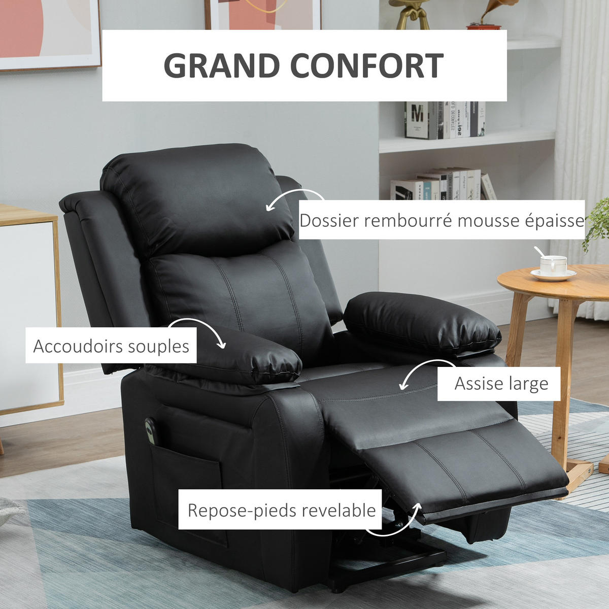 RELAXSESSEL DE-15417 mit Aufstehhilfe und verstellbarer Fußstütze Schwarz - Schwarz, Leder (93/105/96cm) - ComfortXL