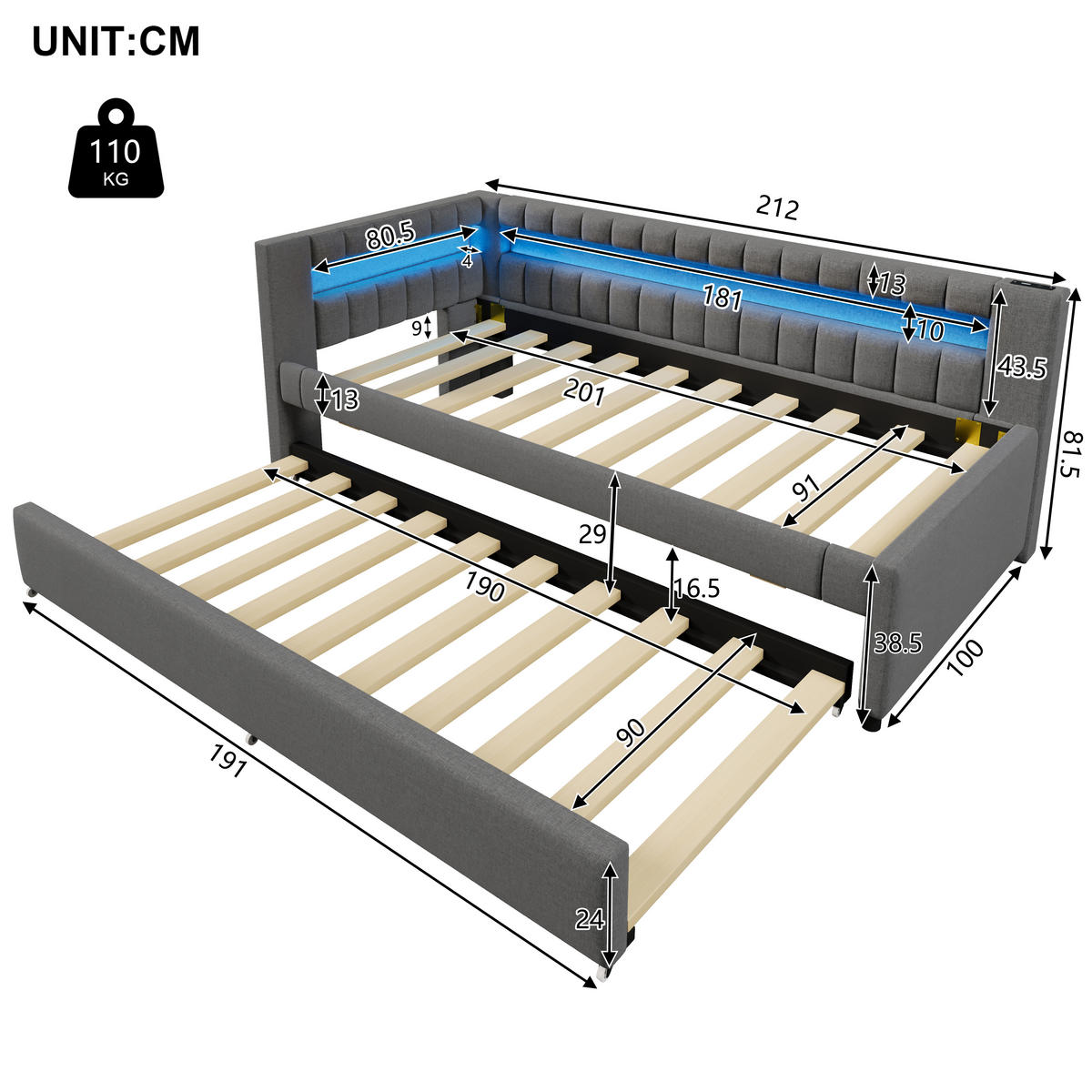 TAGEBETT 90x200cm Grau LED-Licht Ausziehbett USB Leinen - Grau, Holz (90/200cm) - FLIEKS