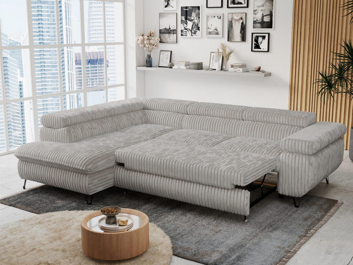 ECKSOFA PETER L Hellgrau Cord - Links Seite - Hellgrau/Schwarz, Textil/Metall (208/273cm) - MKS