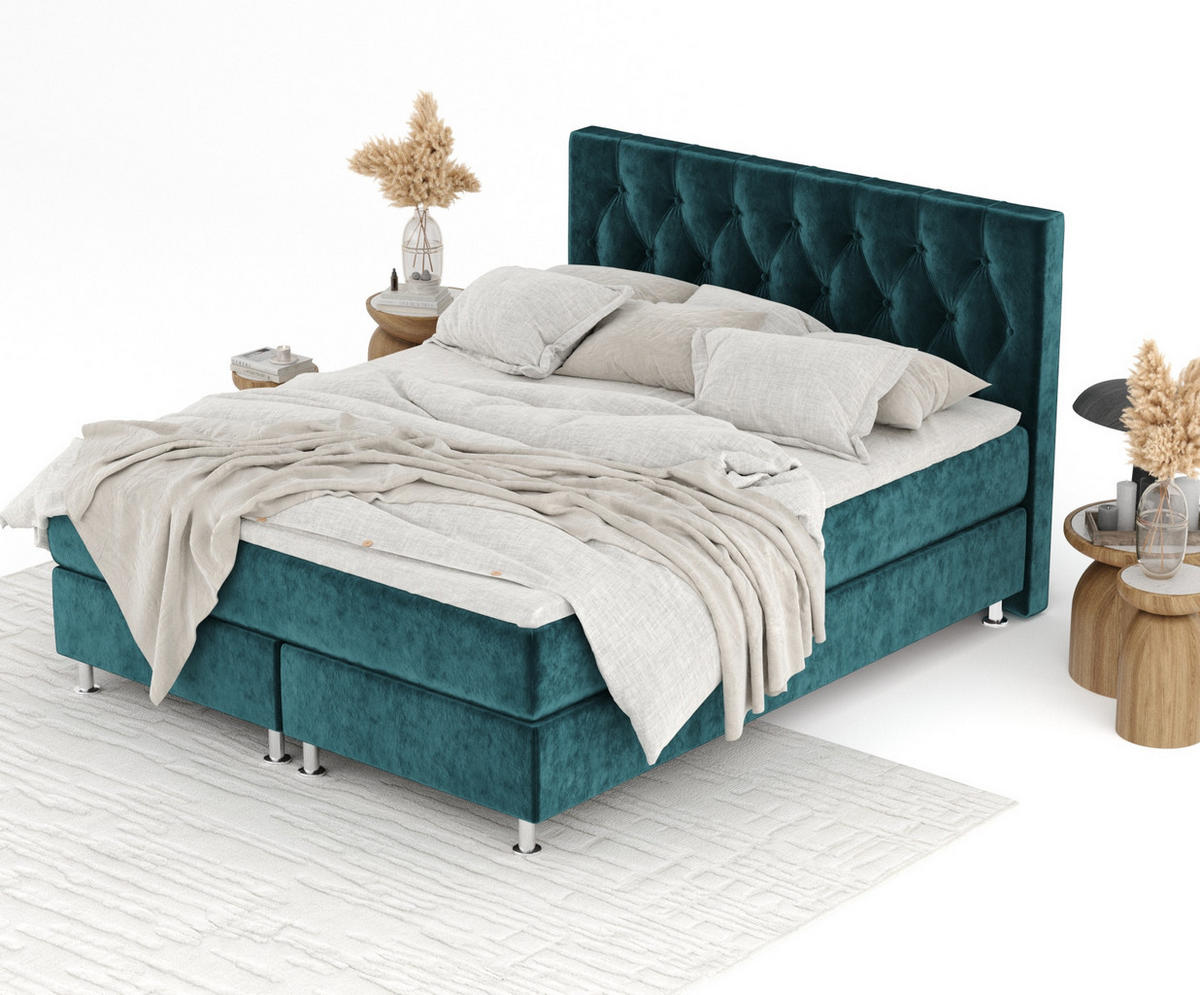 BOXSPRINGBETT Excelsior Türkisfarben 200/200 cm mit Latex-Topper - Türkis/Silberfarben, Holz/Holzwerkstoff (200/200cm) - Maison de Reve