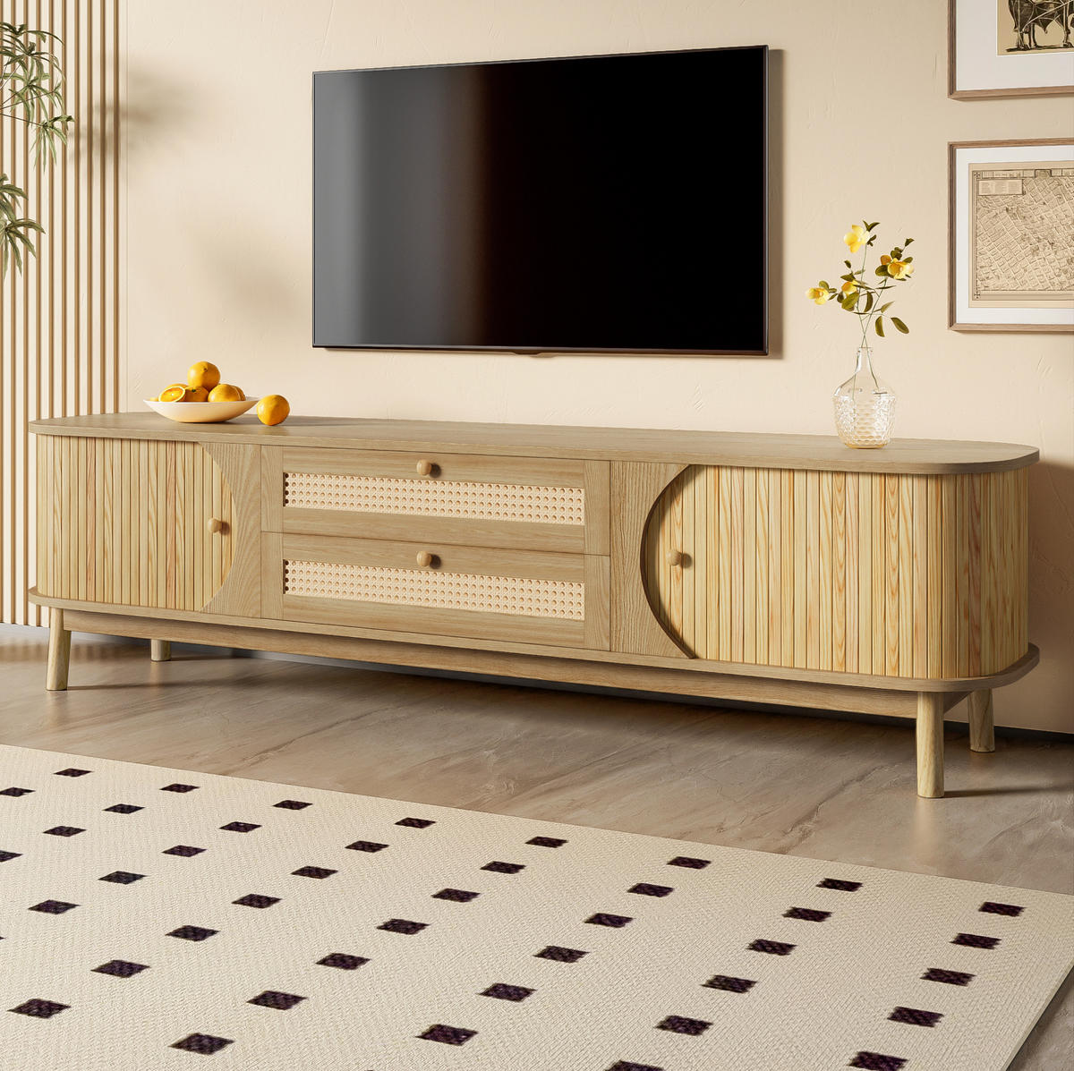 TV-SCHRANK mit Massivholztüren und Rattan-Schubladen in Natur 170/39.5/46 cm - Eichefarben, Holzwerkstoff (170/46/39.5cm) - Redom