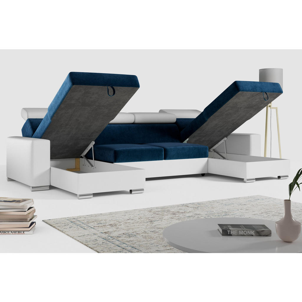 Thumbnail - MKS Wohnlandschaft, Dunkelblau, Weiß, Textil, 6-Sitzer, U-Form, 306x98x168 cm, Wohnzimmer, Sofas & Couches, Wohnlandscha...