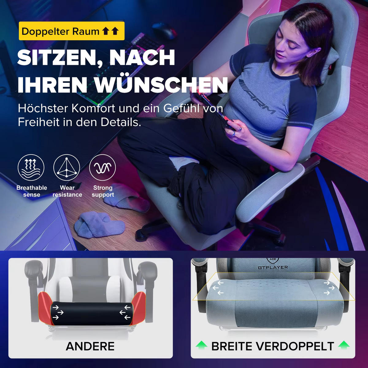 GAMINGSTUHL Stoff mit Federsitz Ergonomisch Blau - Blau, Metall (54/135/50cm) - Kaket