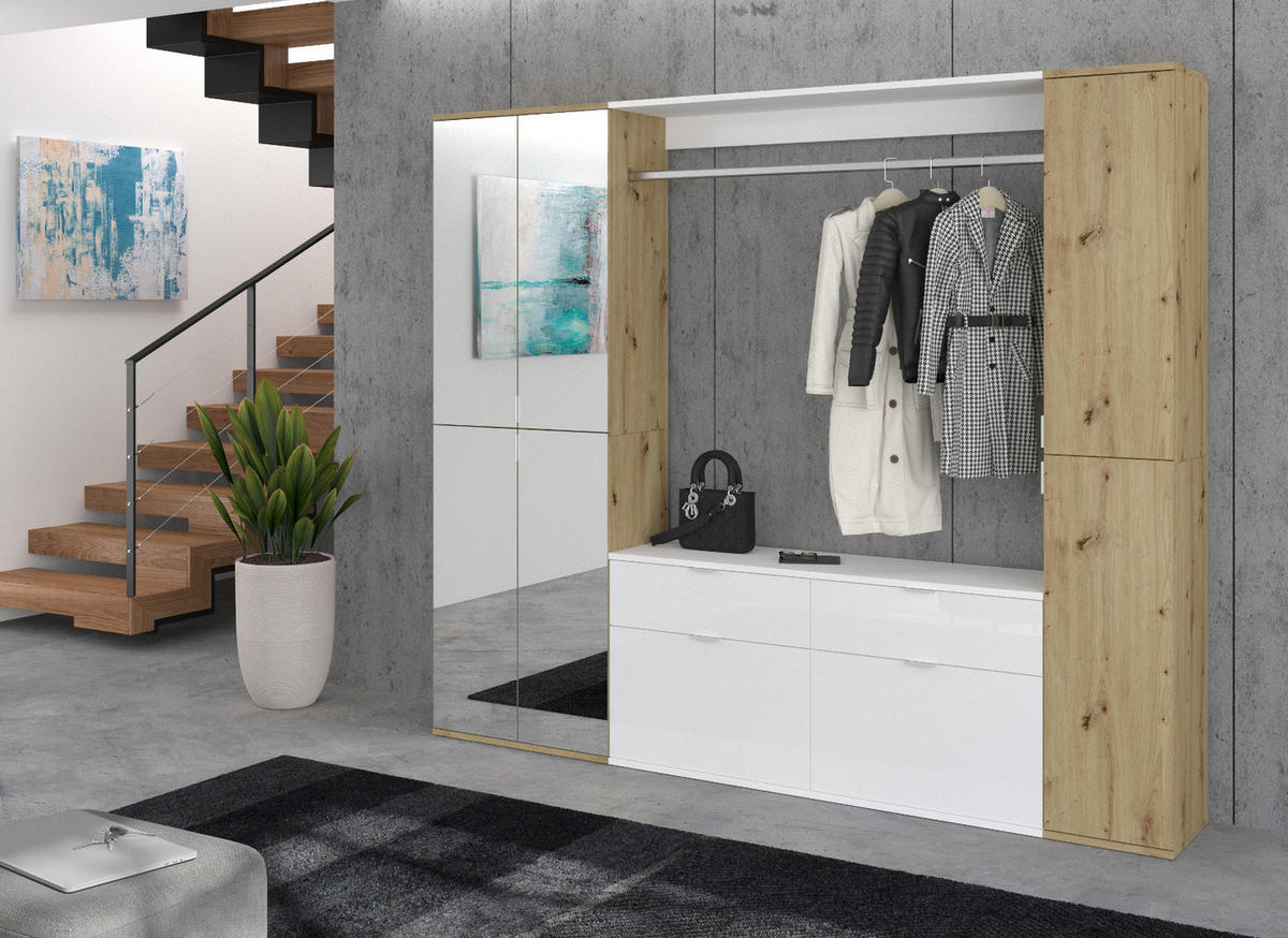 GARDEROBEN-SET Eiche, weiß Hochglanz 212 cm, Komplettset mit Spiegel - Chromfarben/Weiß Hochglanz, Glas/Holzwerkstoff (212/193/34cm) - Inn.Furn