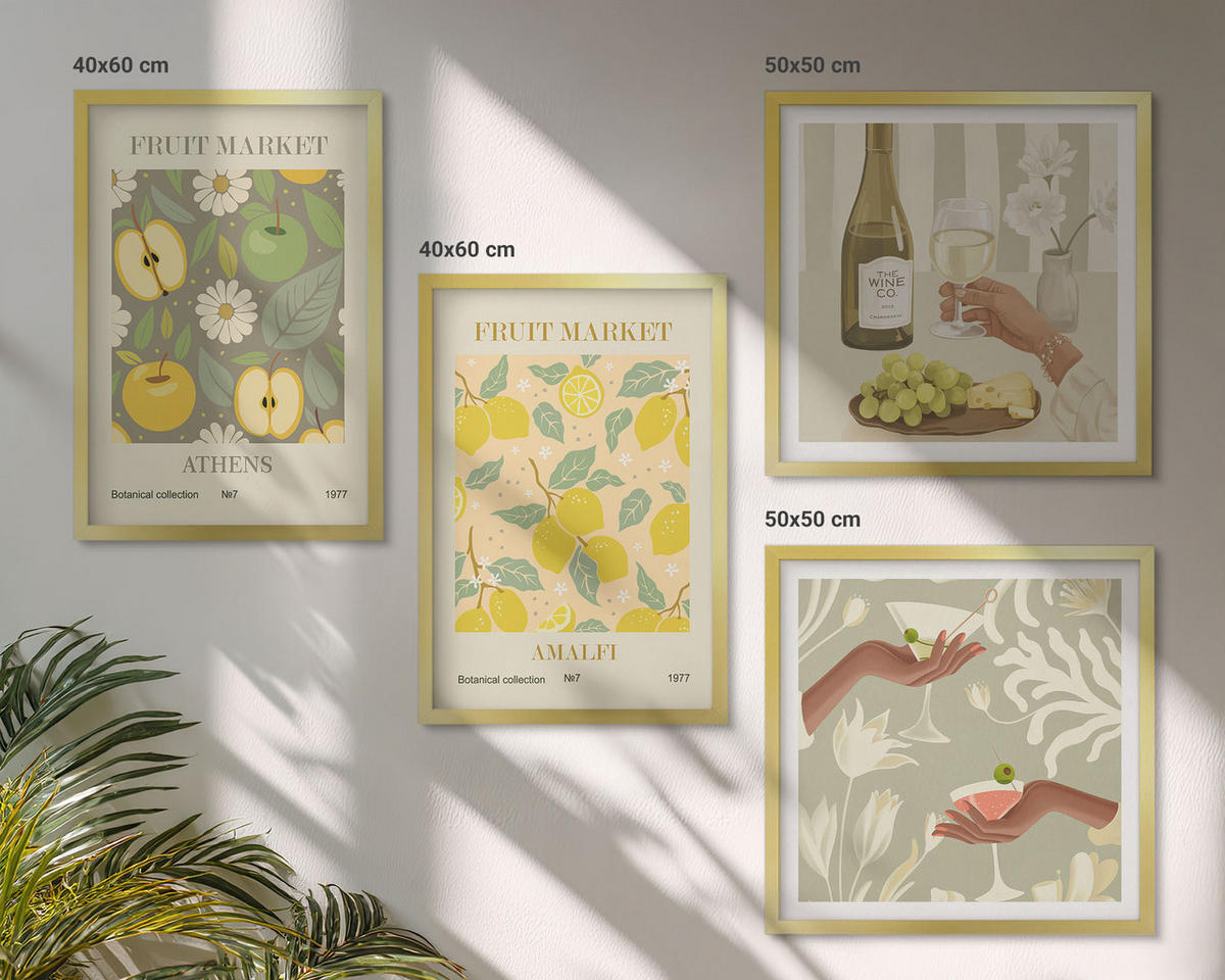 WANDBILDER 4er Set - 50x50 cm & 40x60 cm Goldrahmen - Fruchtige Muster italienischer Wein - Goldfarben, Kunststoff (50/50cm) - ArtPrintCave