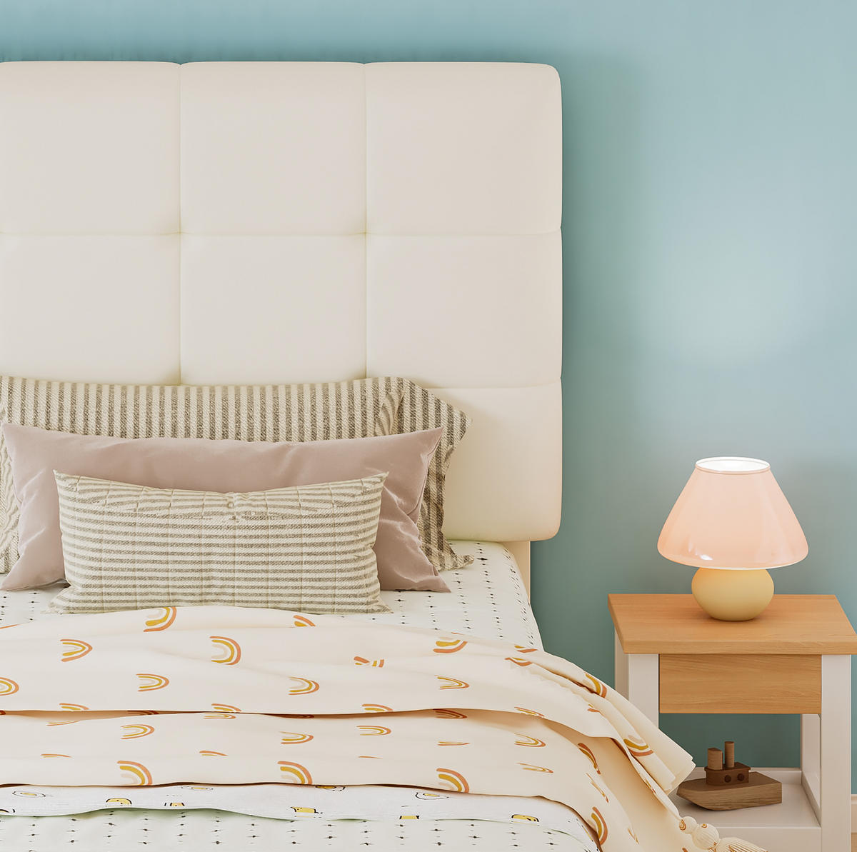 POLSTERBETT 90/200 cm Beige aus PU mit keksförmigem Kopfteil - Beige, Holzwerkstoff (90/200cm) - OKMYHOME