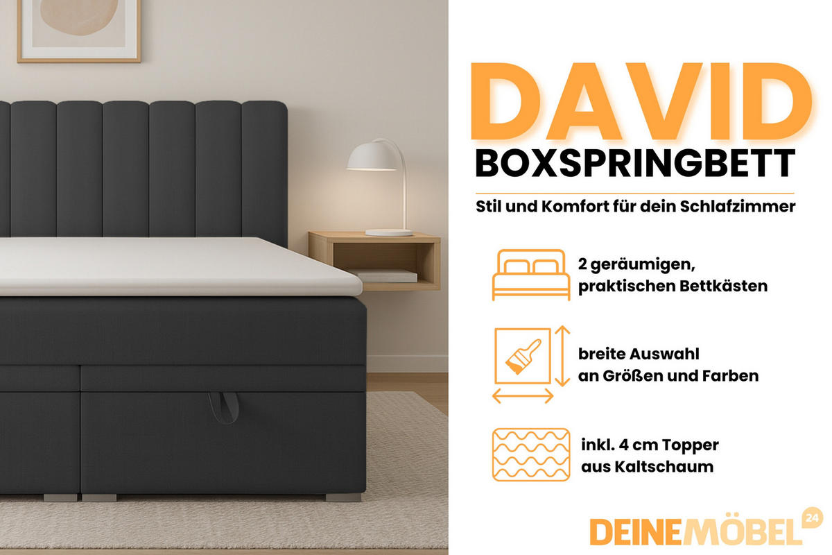 BOXBETT DAVID 120/200 Velour Anthrazit mit einer Matratze H4 - Anthrazit, Holz/Holzwerkstoff (120/200cm) - Deine Möbel 24