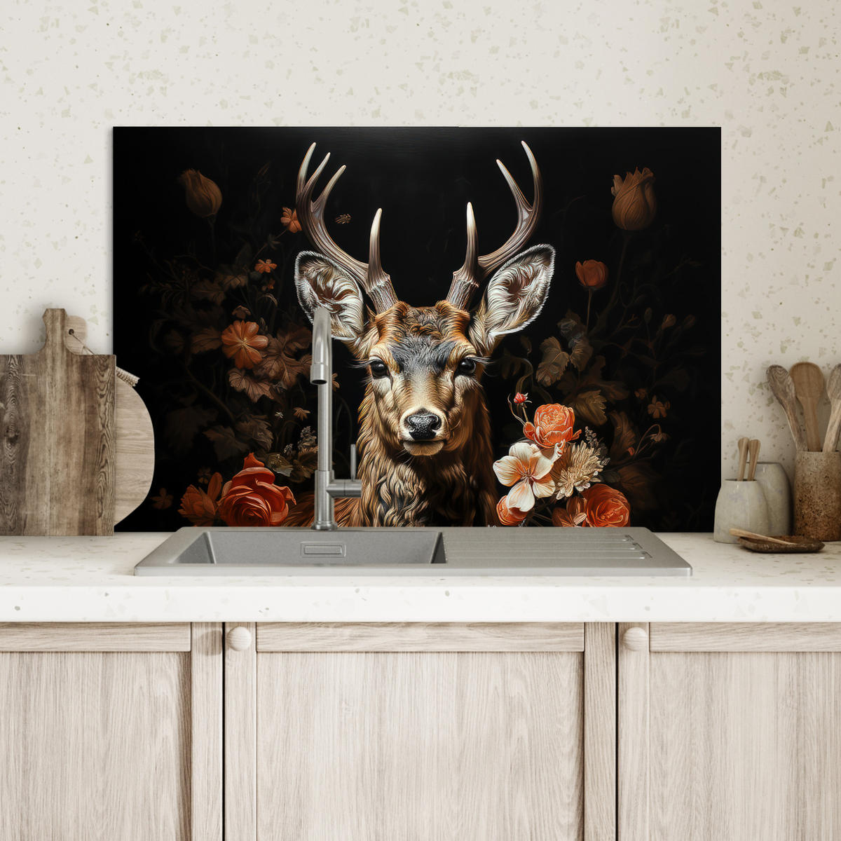 SPRITZSCHUTZ KÜCHE Hirsch - Tier - Blumen - Natur - Botanisch 60x40 cm - Kupferfarben, Metall (60/0.3/40cm) - MuchoWow