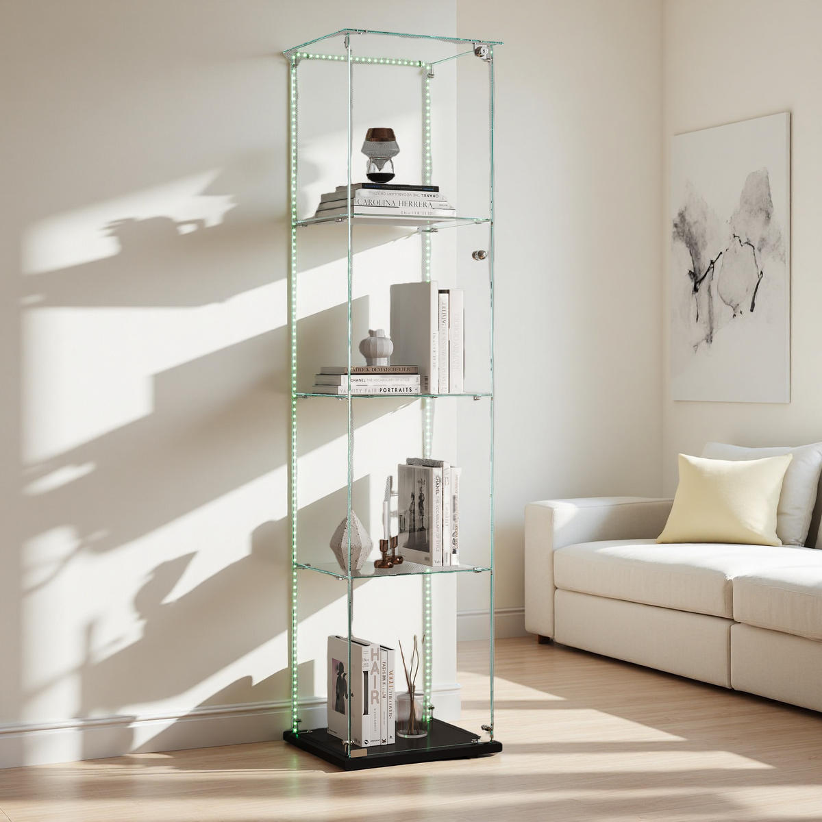 STANDVITRINE mit LED-Spots, 163cm hoch, kompakt & pflegeleicht - Schwarz, Glas (35/163/39.8cm) - SHOPENTRA