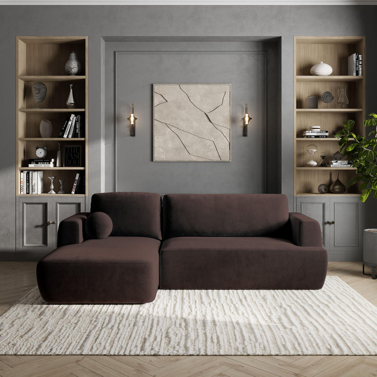 ECKSOFA SENTI K L-S Braun Plüsch-Stoff mit Schlaffunktion - Schwarz/Braun, Holz/Kunststoff (246/148cm) - MASSENO