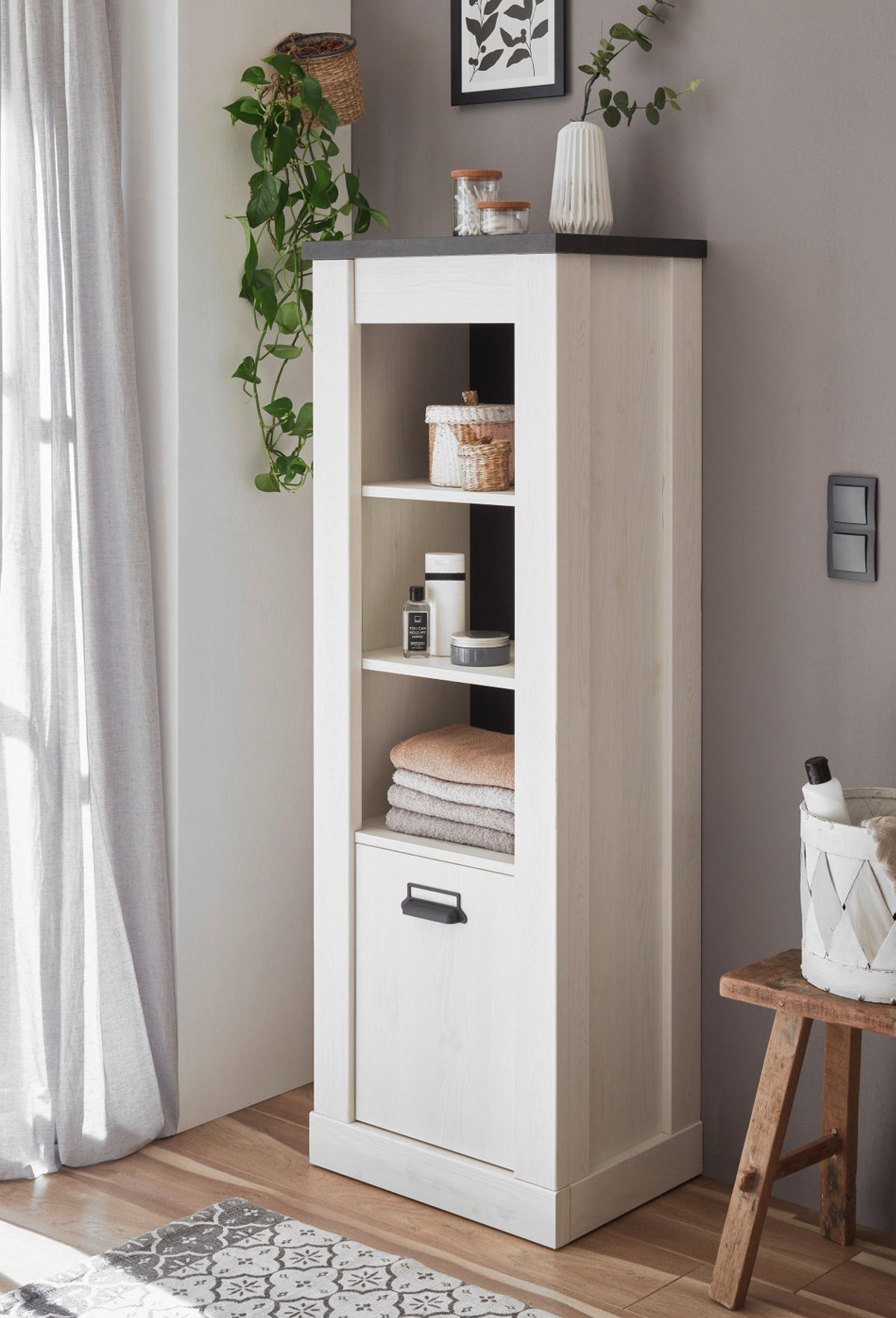 BADSCHRANK weiß Pinie, anthrazit Landhaus, Midischrank mit Soft-Close - Anthrazit/Weiß, Holzwerkstoff/Metall (51/146/38cm) - Furn.Design