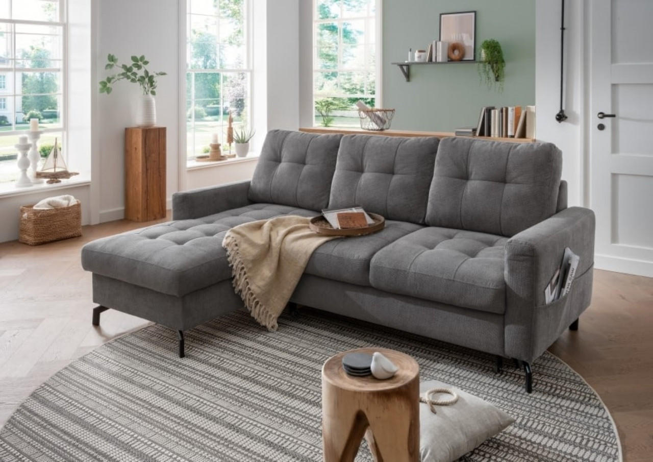 ECKSOFA mit Schlaffunktion und Bettkasten, Luxus-Mikrofaser - Dunkelgrau/Schwarz, Textil/Metall (230/150cm) - myHomelando